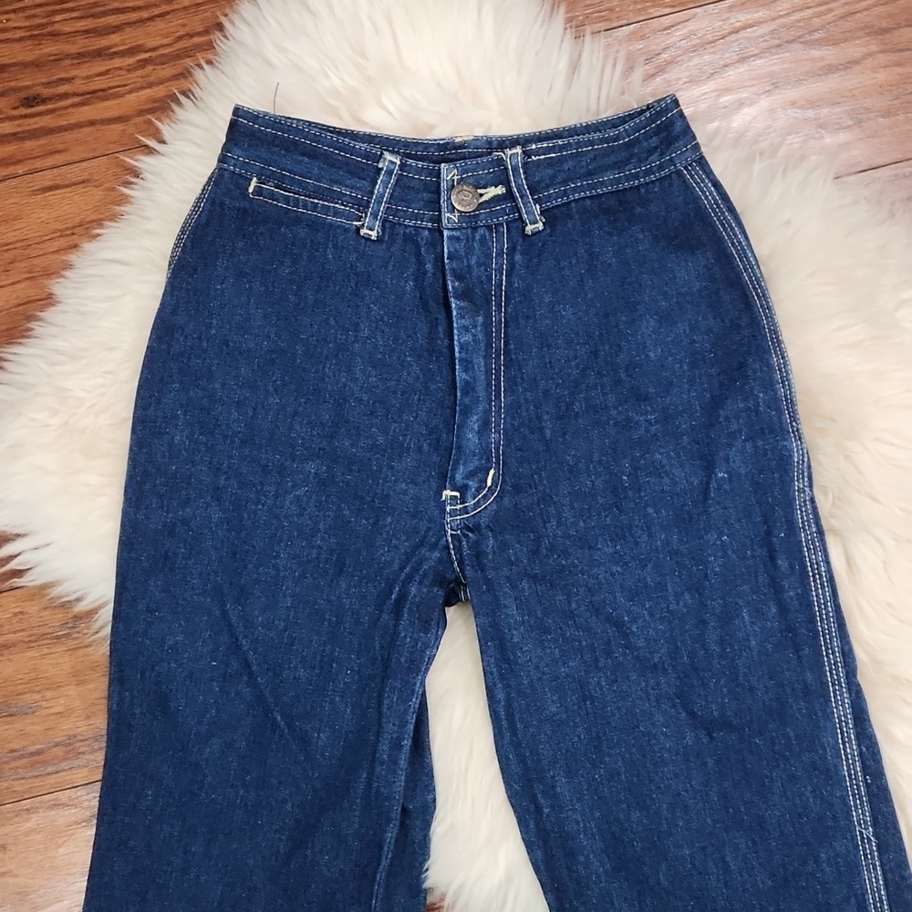 Vintage 70's Organically Grown Embroidered Pocket High Rise Dark Wash Jeans - Picture 4 of 10